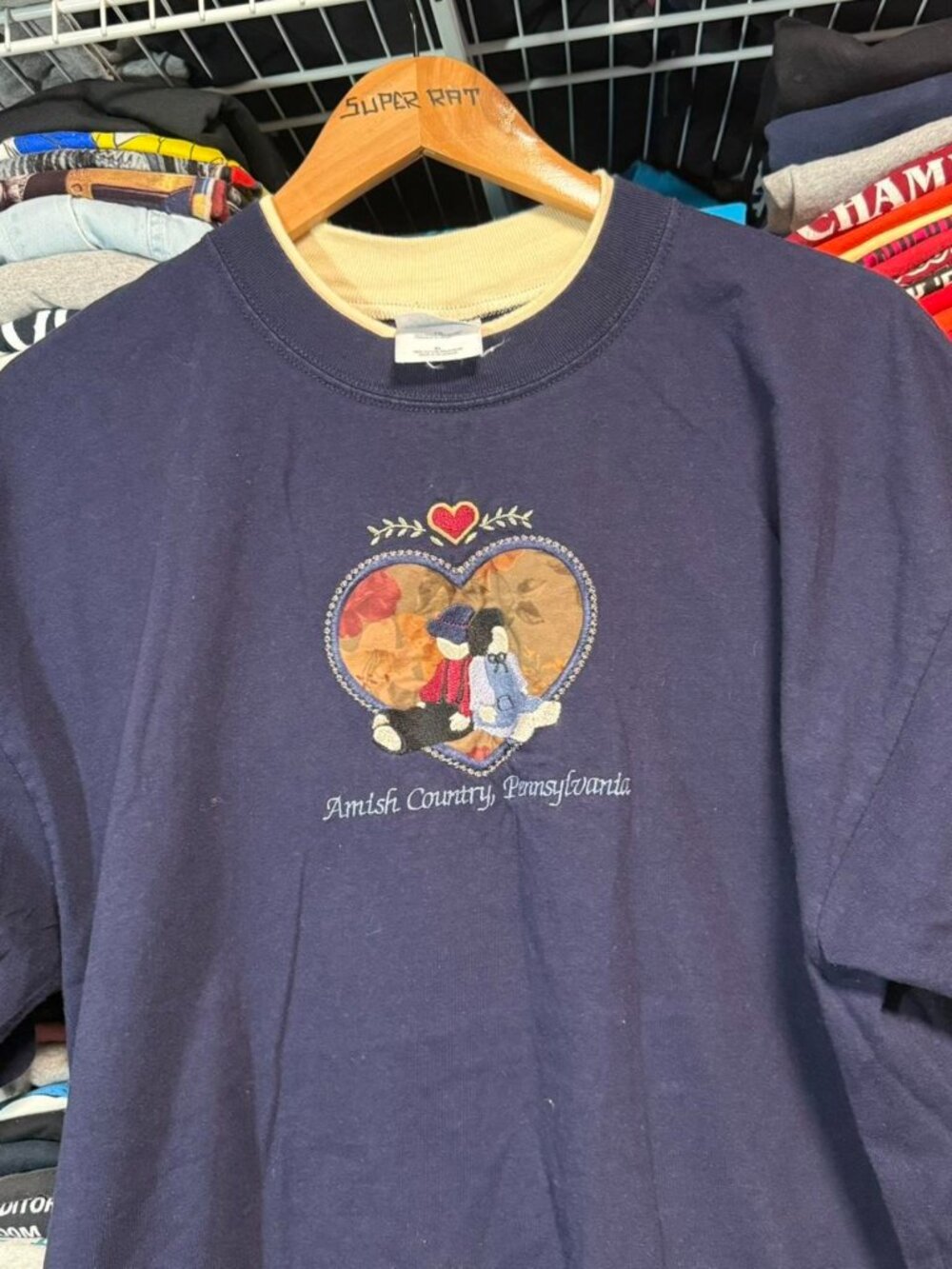 Vintage navy blue Amish Country Pennsylvania embroidered doll graphic tee